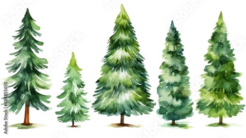 Watercolor pine trees set. Hand drawn illustration isolated on white background Generative AI © Alex