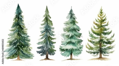 Watercolor pine trees set isolated on white background. Hand drawn illustration Generative AI