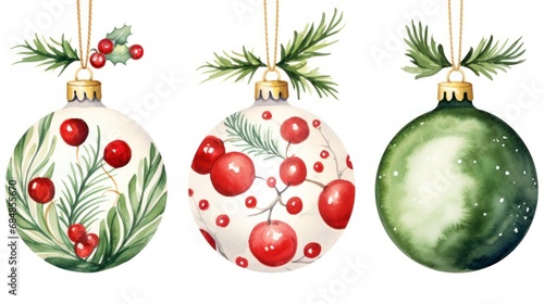 Watercolor christmas balls. Hand drawn illustration isolated on white background Generative AI