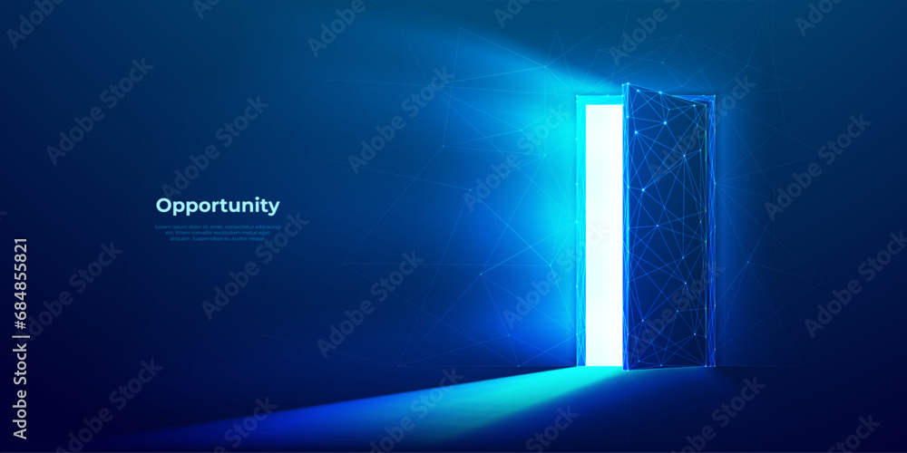 Abstract digital open door in future. Technology portal with bright neon light. Low poly futuristic door in tech blue. Opportunity concept on dark background. Wireframe polygonal vector illustration. - obrazy, fototapety, plakaty 