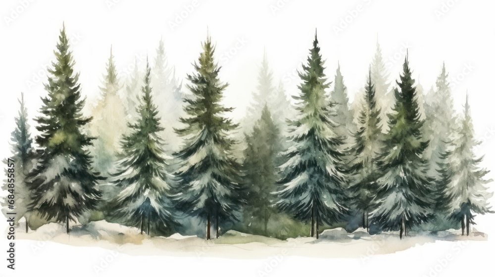 Watercolor winter landscape with fir trees and snow. illustration. Generative AI