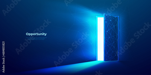 Abstract digital open door in future. Technology portal with bright neon light. Low poly futuristic door in tech blue. Opportunity concept on dark background. Wireframe polygonal vector illustration. photo