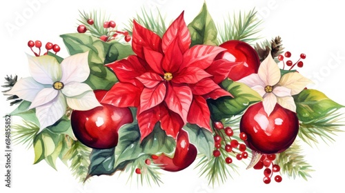 Christmas bouquet with poinsettia, holly, mistletoe and berries. Watercolor illustration Generative AI