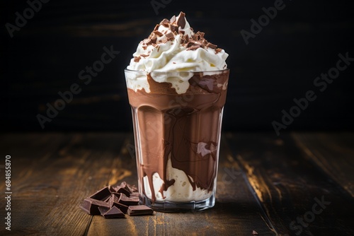 Delicious and indulgent hot chocolate milkshake with whipped cream topping served in a glass photo