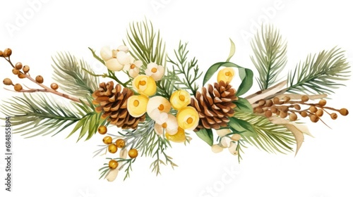 Watercolor Christmas wreath with fir branches  cones and berries on a white background Generative AI