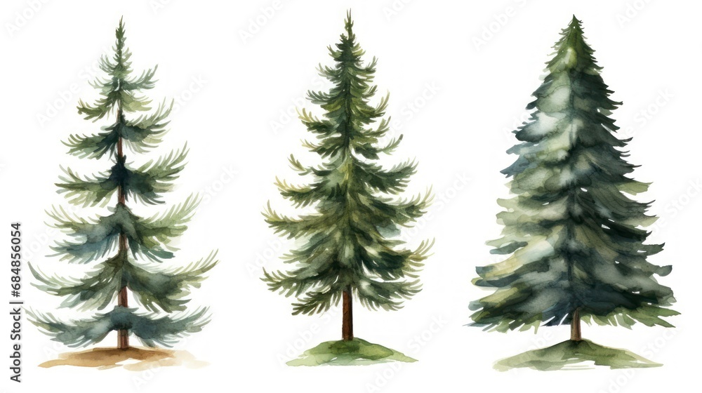 Watercolor pine trees set. Hand drawn illustration isolated on white background Generative AI
