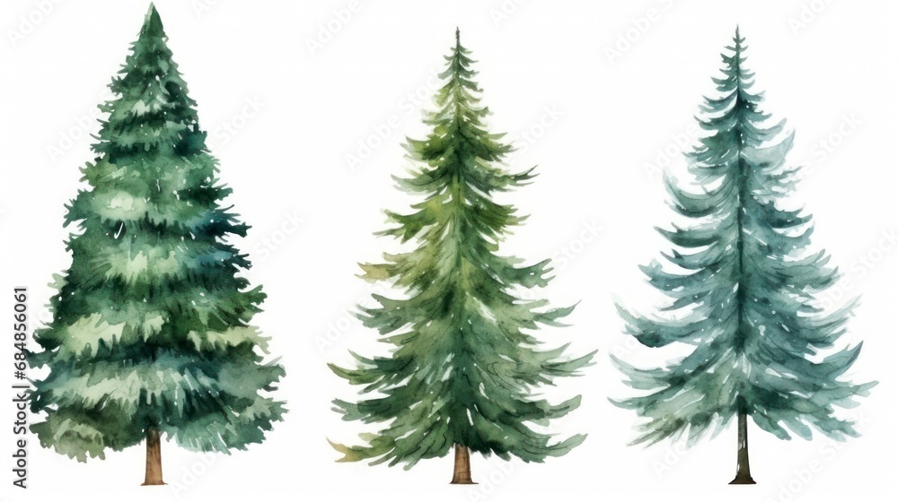 Watercolor pine trees set isolated on white background. Hand drawn illustration Generative AI