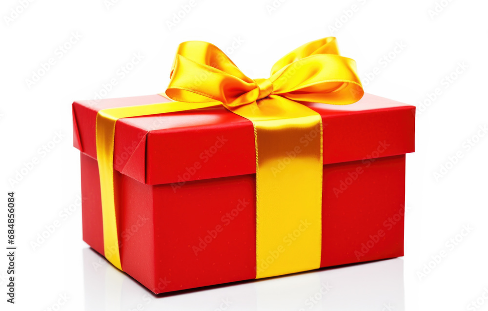 Obraz premium Red Gift Box with Yellow Bow on White
