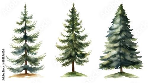 Watercolor pine trees set. Hand drawn illustration isolated on white background Generative AI © Alex