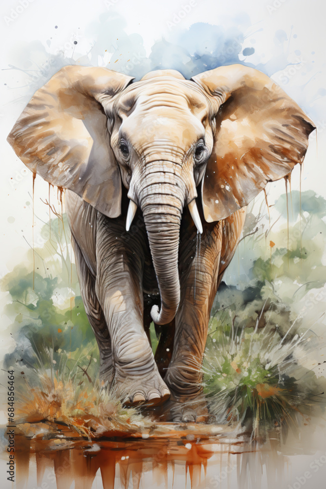 An elephant in natural habitat. Watercolor animal illustration.