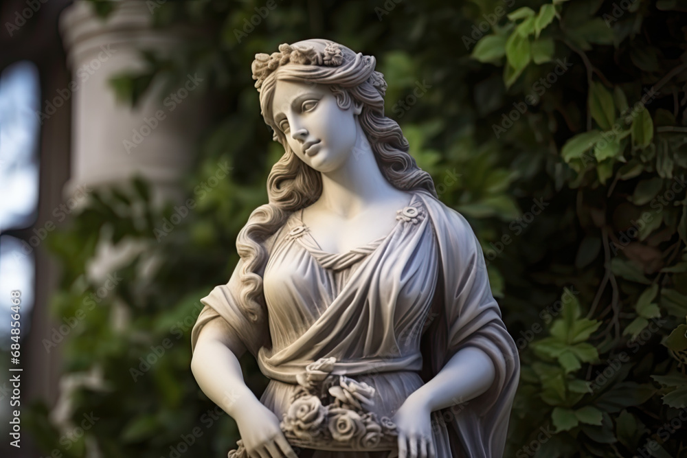 Beautiful stone marble statue of a beautiful goddess, standing in a mystical garden