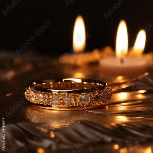 A close-up of a candle illuminating a pair of gold wedding rings