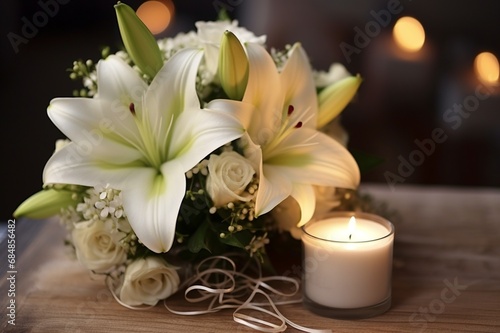 A close-up of a candle in a heart-shaped holder  with a bouquet of white lilies in the background
