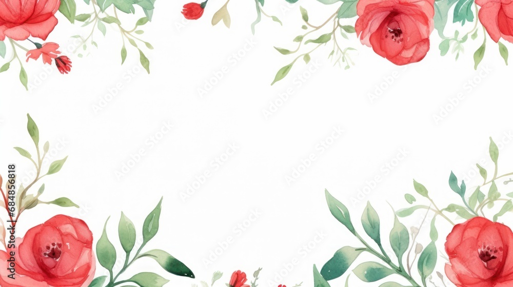 Watercolor Hand Painted Frame with Red Flowers and Green Leaves AI Generated