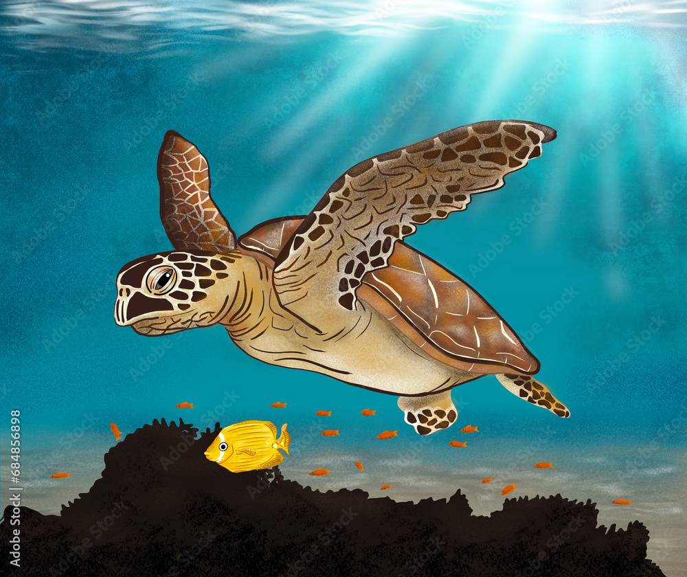 Sea turtle swimming with small fish illustrati Stock Illustration ...