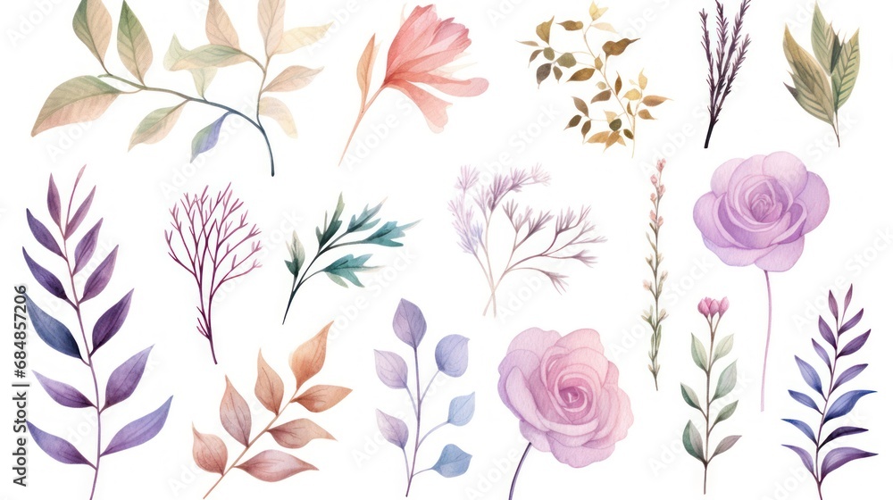 Watercolor Plants, Leaves, and Flowers Blossom AI Generated