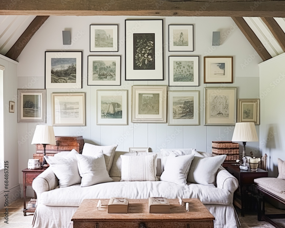 Gallery wall, home decor and wall art over sofa, framed art in modern English country cottage ...