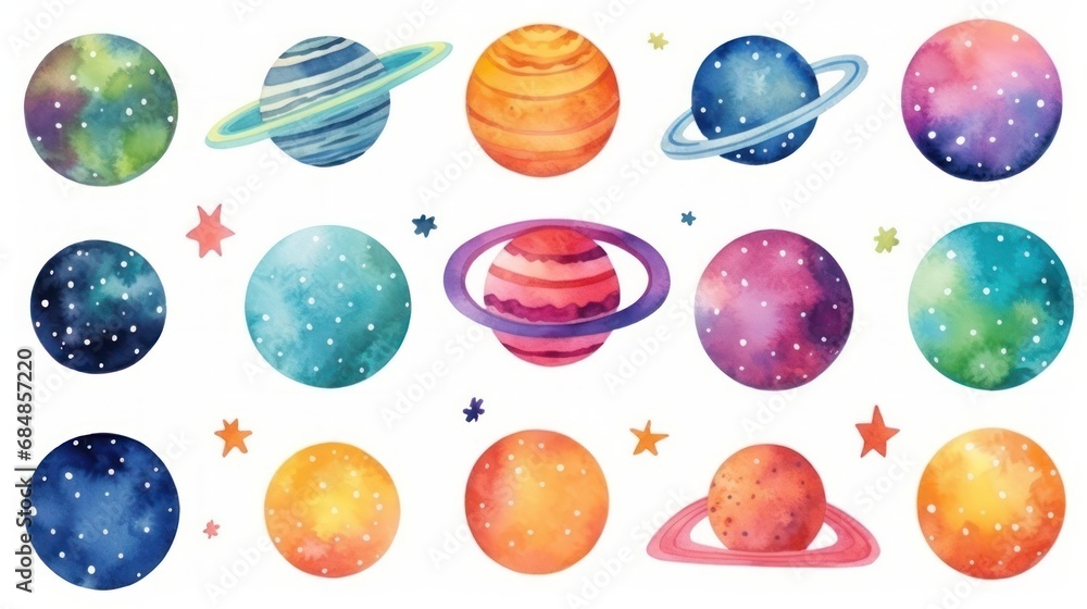 Colorful Planets and Stars on White Background AI Generated