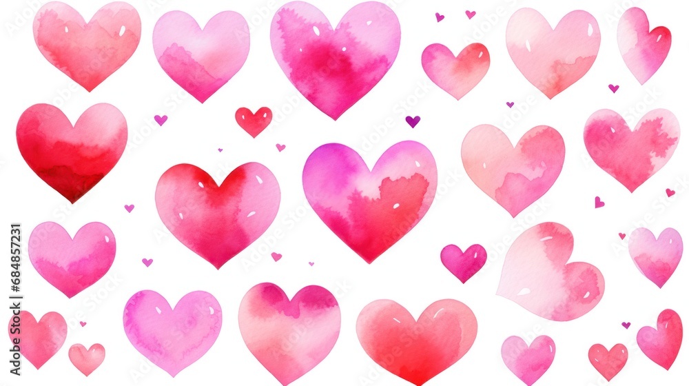 Romantic Watercolor Collection with Pink Hearts on a White Background AI Generated
