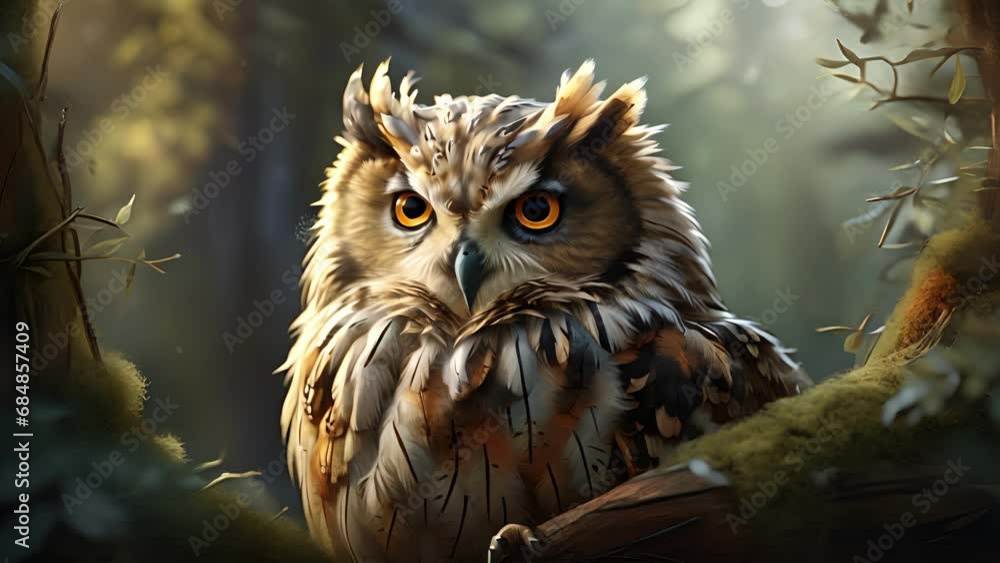 Closeup animation of Owl with fluffy feathers, looking cozy and content in a tree hollow. . Closeup animation of Owl with fluffy feathers, looking cozy and content in a tree hollow. .