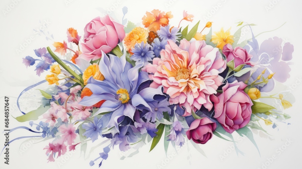 Beautiful bouquet of spring flowers isolated on white background. illustration. Generative AI