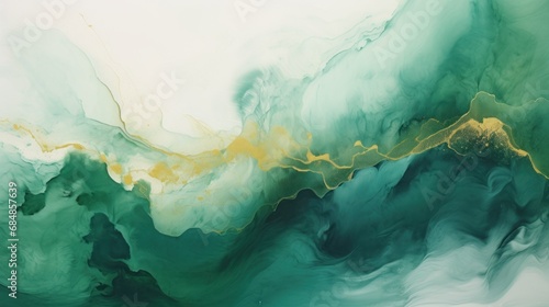 Abstract background of acrylic paint in turquoise and gold colors. Generative AI