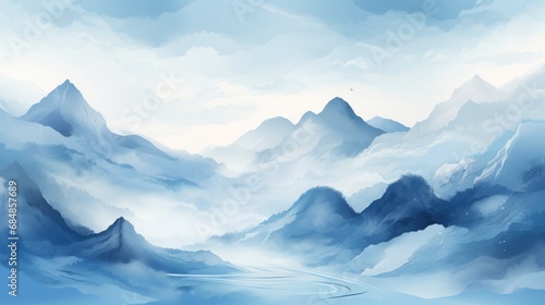 Winter mountain landscape with snow and ice. illustration in blue colors. Generative AI