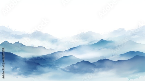 Mountain landscape. Mountain peaks and clouds. Digital watercolor painting. Generative AI