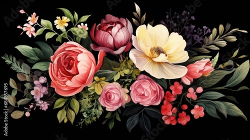 Beautiful vector image with nice watercolor bouquet of flowers on black background Generative AI © Alex