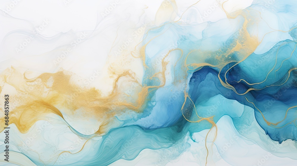 Abstract blue and gold marble texture background. Alcohol ink technique. illustration. Generative AI