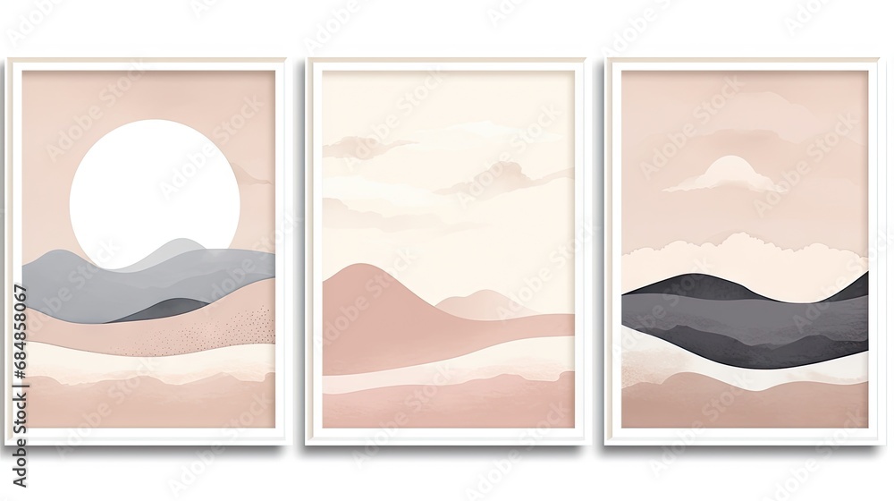 Set of three vertical banners with mountains, hills, sea and sun. illustration Generative AI