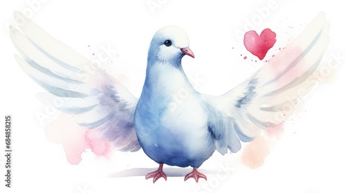 Watercolor dove with wings and heart. Hand painted illustration isolated on white background Generative AI