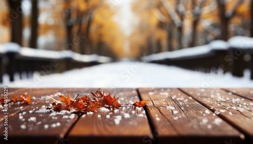 Winter tabletop fresh snow, sunny day, orange foliage. 16k super quality panoramic background.