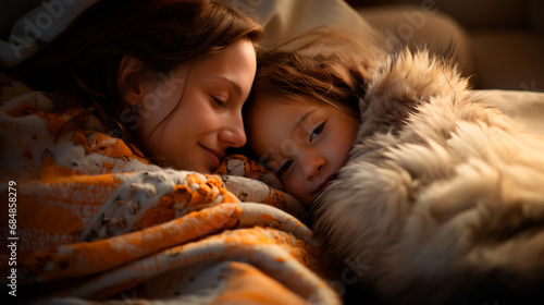 mother lying in bed sleeping relaxing with her child 