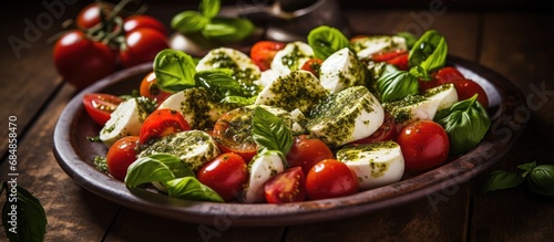 Italian caprese salad with pesto sauce, comprising fresh mozzarella, tomatoes, basil, olive oil, arranged Mediterranean vegetarian food, a wholesome dietary appetizer. photo