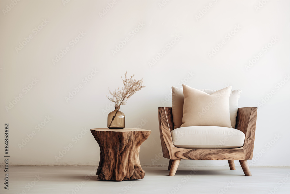 Lounge chair or armchair and wood stump side table on beige background with copy space. Rustic minimalist home interior design of modern living room. Generative AI. Lounge chair or armchair and wood stump side table on beige background with copy space. Rustic minimalist home interior design of modern living room. Generative AI.