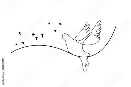 Dove bird line art style vector. Flying bird continuous line drawing element. Sketch drawing of dove. Love symbol