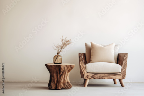 Lounge chair or armchair and wood stump side table on beige background with copy space. Rustic minimalist home interior design of modern living room. Generative AI.  photo