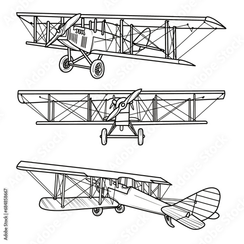 A Classic Model of a Airplane, Hand drawn vector illustration of Vintage Aircraft. Design for print, coloring book, Isolated on White Background