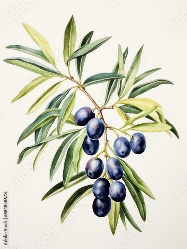 Watercolor Olive Branch Leaves and Fruits AI Generated