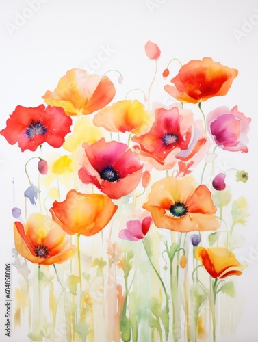 Soft and Radiant Poppy Field: Vibrant Watercolor Petals AI Generated