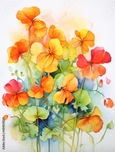 Vibrant Watercolor Nasturtium Leaves and Flowers Intertwined AI Generated