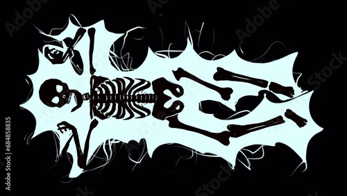 Electric shock animation. Human convulsions after being struck by 220 volts. The trailing skeleton contorts in various positions with lightning bolts. An effect to add to a video of a person.