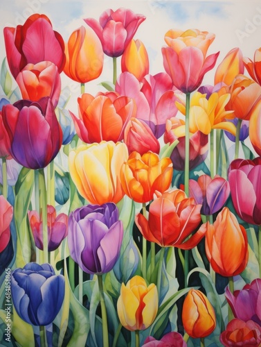 Vibrant Watercolor Tulip Field  A Beautiful Array of Blending Colors AI Generated