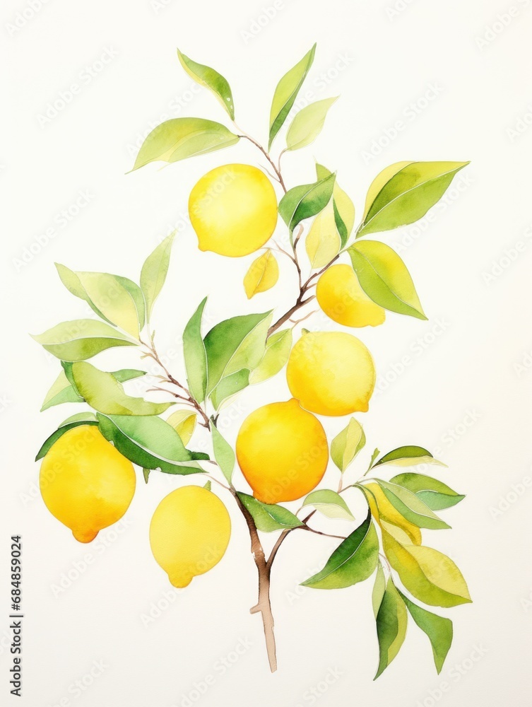 Bright and Inviting Minimalist Watercolor Lemon Tree Branch with Fruits AI Generated