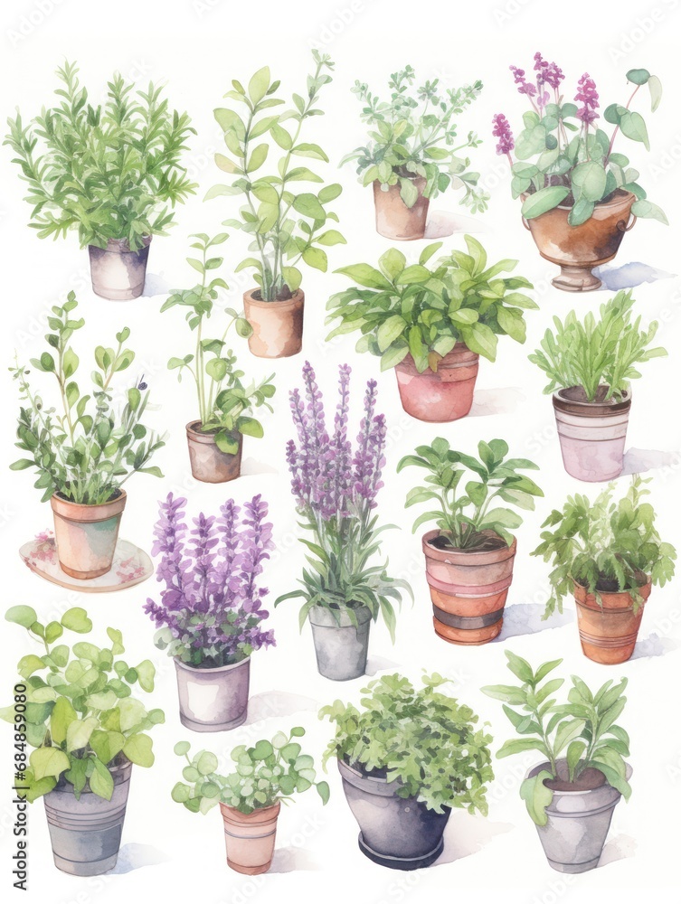 Lush Watercolor Herb Garden: Each Plant Distinct and Detailed AI Generated