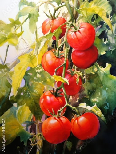 Vibrant Watercolor Tomato Plant with Ripe Fruits and Leaves AI Generated