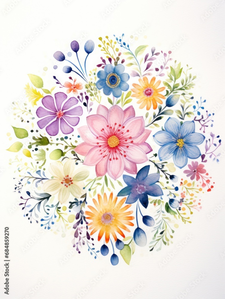 Intricate Watercolor Mandala with Assorted Miniature Floral Elements AI Generated