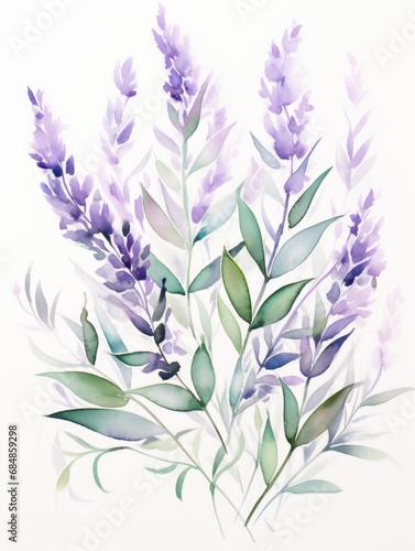 Intricate Watercolor Lavender Sprigs in Soft Purple and Green Hues AI Generated