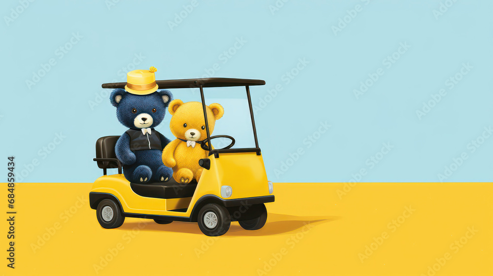 Two plush bears in a yellow golf cart, one blue with a hat and one yellow, on a blue and yellow background